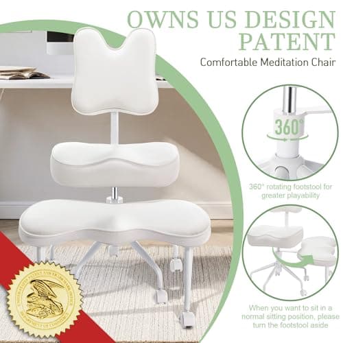 HomeMiYN Ergonomic Cross Legged Chair for Home Office, 360° Swivel ADHD Chairs, Adjustable Seat and Backrest Height Meditation Chair, PU Leather Criss Cross Desk Chair with Wheels, White