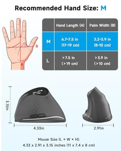 AOC 2.4GHz Ergonomic Mouse, Wireless Bluetooth Vertical Mouse for Work, 4800 DPI Optical Tracking, 5 Adjustable DPI, Quiet Clicks, RGB Light, Compatible with Computer, Laptop, PC, Mac, Desktop - Gray