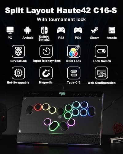 ONEED Haute42 Leverless Controller Arcade Stick: Split Layout Magnetic C16S Leverless Arcade Stick,Premium Black Symmetrical Arcade Controller for PC/PS4/Switch/Switch2 Game with Lock Button