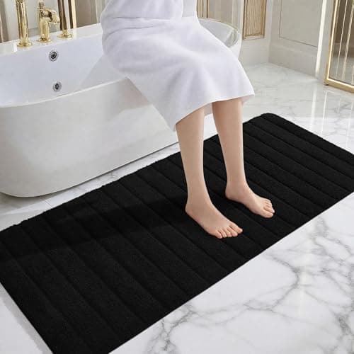AROGAN Luxury Long Bathroom Runner Rugs, Thick Soft and Absorbent Microfiber Non Slip Bath Mat, Rubber Backing Striped Rug Carpets, Machine Washable Plush Mats for Bathroom Floor, 24x60 Inch Black