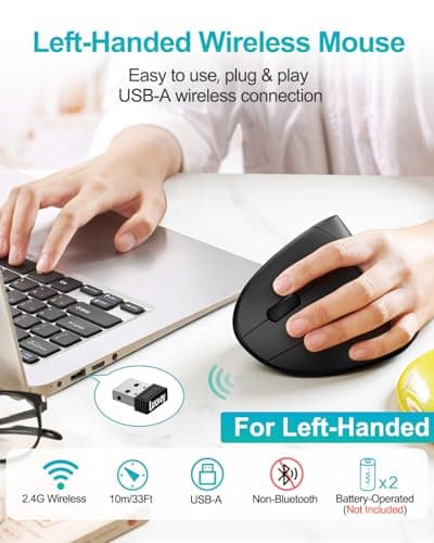 Lekvey Left Handed Ergonomic Mouse, Vertical Wireless Mouse for Left Hand, 2.4G USB Carpal Tunnel Lefty Mouse, 3 Adjustable DPI, 6 Buttons, for Laptop, PC, Computer, Mac, Windows, Desktop - Black