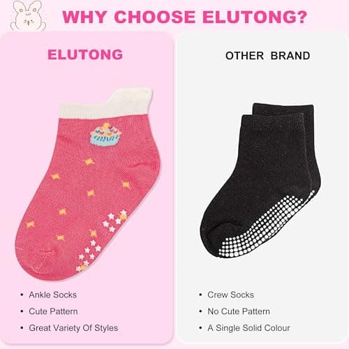 ELUTONG Toddler Socks with Grips Anti Slip Ankle Socks 12 Pairs for 1-7 Years Boys Girls Kids Infant Baby