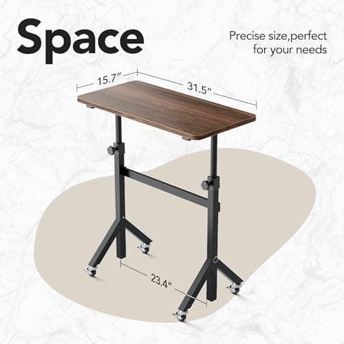HUANUO 32'' Small Standing Desk with Wheels,28.7"-46.1" Heigh Adjustable Portable Rolling Desks,Mobile Stand Up Desk for Walking Pad and Treadmill,Sit to Stand Computer Workstation for Bedroom,Walnut