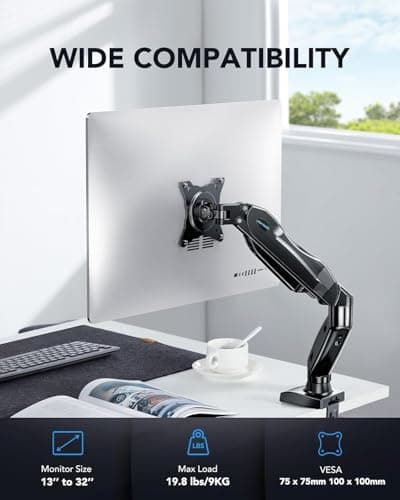 HUANUO FlowLift™ Single Monitor Mount, 13 to 32 Inch Monitor Arm, Adjustable Monitor Stand, Vesa Mount with Clamp and Grommet Base - Fits 4.4 to 19.8lbs LCD Computer Monitors