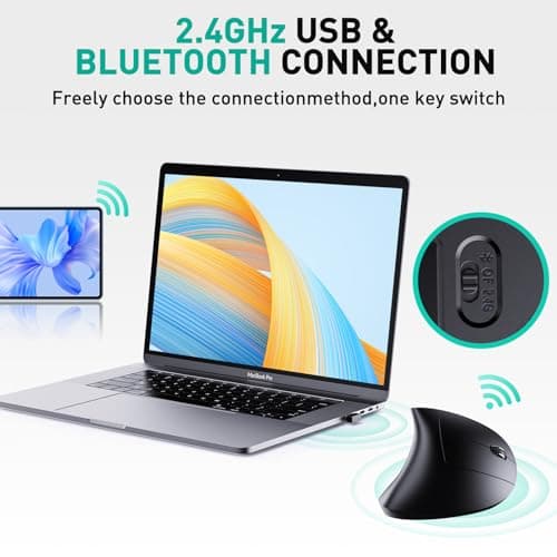 JYKEYMOUT Bluetooth and 2.4G (2-in-1) Rechargeable Wireless Mouse, Ergonomic Vertical Design, 1000/1200/1600 DPI, 6 Silent Buttons, for Laptop, Computer, PC, MacBook, Chromebook-Black