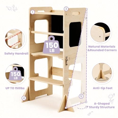 labebe Toddler Standing Tower for 12M+, Montessori Foldable Learning Standing Tower with Blackboard, Anti-tip Structure Design,Wooden Kitchen Step Helper Stool for 1-3 Year Old Boy Girl Gift