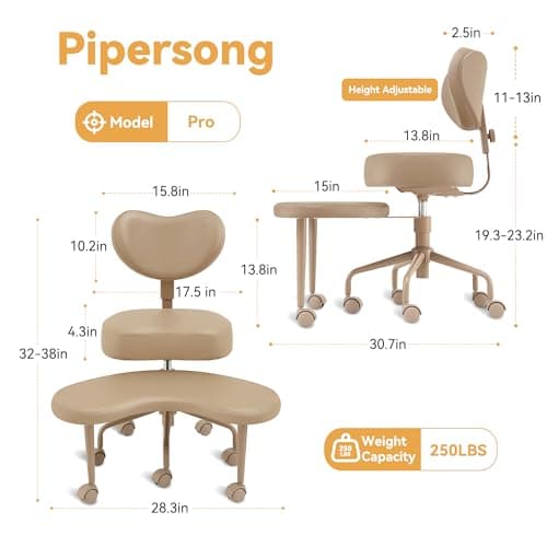 Pipersong Meditation Cross Legged Chair PRO, ADHD Chair with Height Adjustable Backrest, Criss Cross Desk Use with Footrest and Wheels for Home Office, Flexible Design for Fidgety Sitters, Ivory