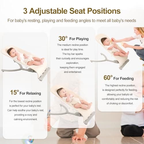 3-in-1 Portable Baby Bouncer & Rocker Chair for Newborn to Toddler - 4 Adjustable Recline Positions, Breathable Cotton Fabric, Natural Vibration, Supports Up to 33 lbs (Oatmeal Khaki)