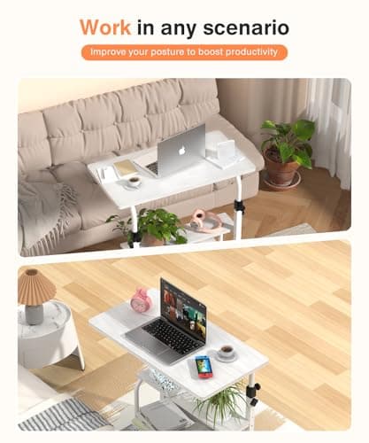 QZMDSM Portable Desk with Wheels Small Standing Desk on Wheels Adjustable Height Rolling Desks for Small Spaces, 32" Computer Desks with Storage Shelves for Home Office Study White