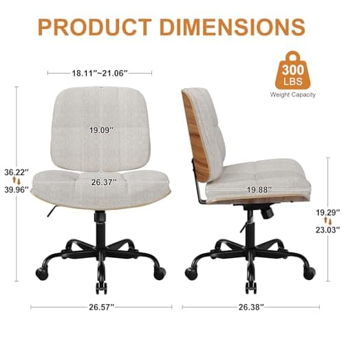 Armless Criss Cross Office Chair, Walnut Cross Legged Desk Chair with Wheels, Ergonomic Criss Cross Vanity Chair, Adjustable Wide Swivel Task Chair, Modern Office Chair for Home, Fabric Seat, Beige