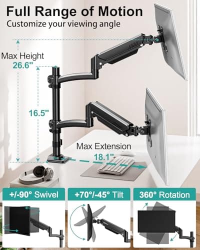 Dual Monitor Stand for 2 Screens up to 32 inch, Vertical Stacked Dual Monitor Mount, Full Motion Adjustable Tall Double Monitor Desk Mount, Each Arm Holds 4.4-22lbs, VESA 75/100mm, Black, Freelift