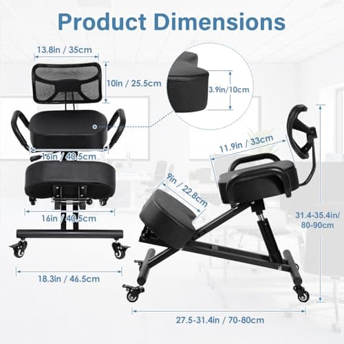 Ergonomic Kneeling Chair with Backrest, Kneeling Chair with Locking Wheels, Adjustable Height Kneeling Support Chairs, PU Computer Kneel Chairs for Living Room