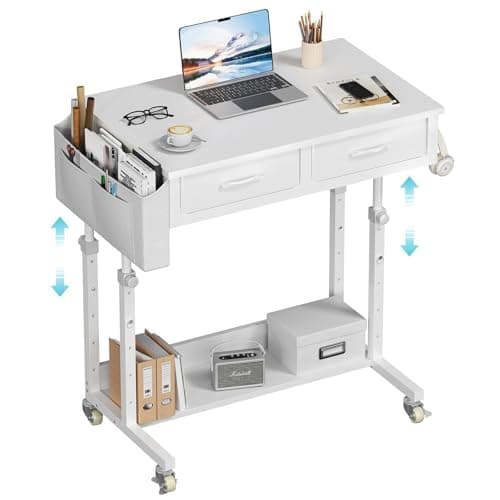 WINAZ Small Rolling Desk with Drawers & Storage - Mobile Workstation on Wheels for Teacher & Student, Adjustable Height Portable Standing Desk for Small Spaces, Compact Sewing & Crafting Table