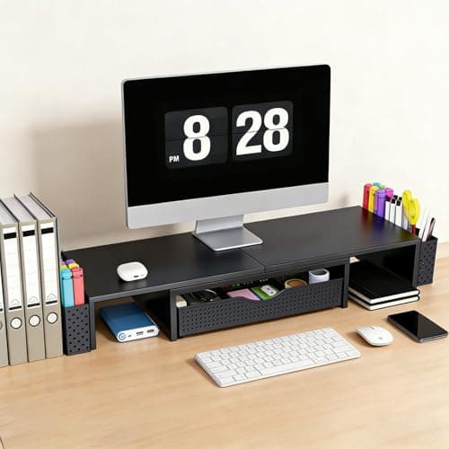 Spacrea Metal Desk Organizers and Accessories, Dual Monitor Stand Riser with Drawer and 2 Pen Holders, Book Racks, Desk Accessories & Workspace Desktop Organizers for Office Supplies (Black)