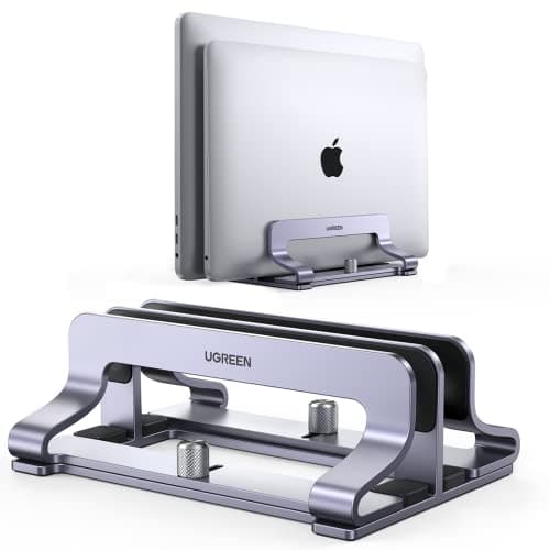 UGREEN 2-Slot Vertical Laptop Stand Holder Desk Compatible with MacBook Pro Air Laptop Stand Desktop Adjustable, Lenovo Ideapad, Surface Book, HP Notebook, Dell Chromebook Up to 17.3 Inch, Space Gray