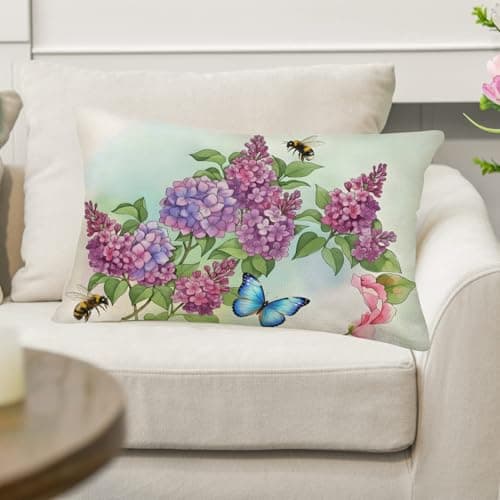Easternproject Spring Flower Throw Pillow Covers 12x20 Inch Watercolor Floral Bloom Butterfly Bee Green Leaves Vintage Blossom Farmhouse Decorations Lumbar Pillows Cushion Case for Sofa Couch