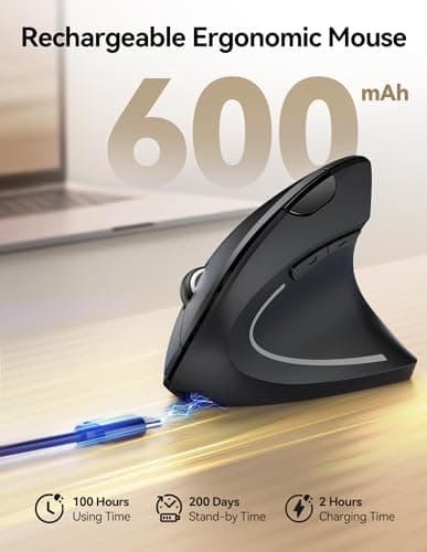 TECKNET Rechargeable Wireless Ergonomic Mouse,2.4GHz USB Vertical Mouse with Silent Click,4800 DPI Mouse with 6 Adjustable DPI,6-Button Computer Mouse for Laptop,PC, MacBook (No Batteries Needed)