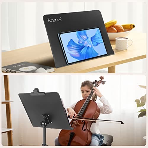 Ramzi Music Stand For Sheet Music 5 In-1 Dual-Use Desktop Book Stand , Music Stand Light, Carrying Bag, Sheet Music Clip