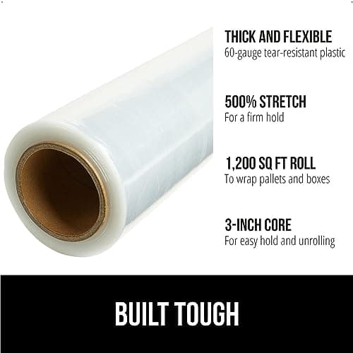 GORILLA GRIP 500% Stretch Film Heavy Duty Plastic, 1200ft Shrink Wrap Roll 17" Puncture Resistant, Industrial Strength for Shipping, Pallet Storing, Moving, Packing Furniture Protection 1 Pack Clear