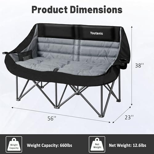 Youtanic Oversized Double Camping Chair, Folding Loveseat Camping Couch with Pocket, Cup Holder and Carry Bag, Heavy Duty Portable Camping Chairs for Adults, Fishing, Sports, Trip, up to 660lbs, Black