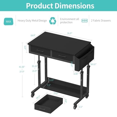 Small Portable Rolling Standing Desk - 32 Inch Adjustable Mobile Stand Up Gaming Desks with 2 Fabric Drawers on Wheels, Couch Sofa Side Laptop Table with Storage for Home Office, Black