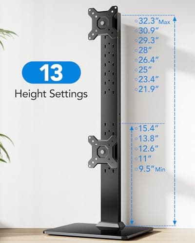 HUANUO Dual Monitor Stand for 13 to 34 Inch, Max Load 44 lbs, Vertical Monitor Mount, Freestanding Monitor Riser with Swivel, Tilt, Rotation, 13 Height Settings, Max VESA 100x100