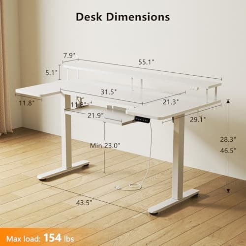 OffiGo U Shaped Electric Standing Desk with Keyboard Tray, 55 Inch Height Adjustable Desk with Power Outlets & LED Lights, Sit Stand Table with Monitor Stand for Home, Office, White