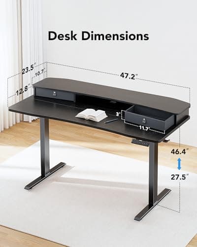 HUANUO 48″ x 24″ Electric Standing Desk with 2 Drawers, C-Clamp Mount Compatible, Height Adjustable Computer Desk, Home Office Stand Up Desk with 4 Preset Heights & 2 Hooks, Black