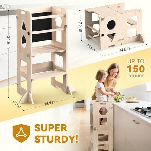 Woodure 3-in-1 Toddler Kitchen Step Stool, Foldable Learning Standing Tower with Blackboard, Wooden Kitchen Stool Helper for Kids