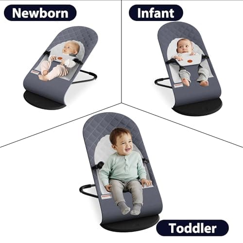 Portable Baby Bouncer Seat for Infants, 0-18 Months, 3 Modes of Use with Rocker & Stationary Options, Ergonomic Infant Chair with Hanging Toys – Grey