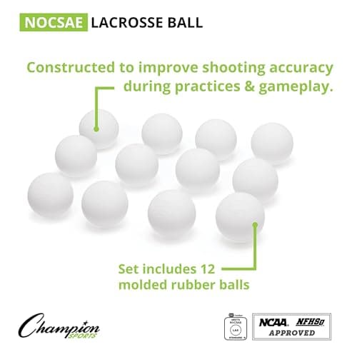 Champion Sports Lacrosse Balls – Official Size Equipment for Professional, College & High School Games, Practices & Recreation, NOCSAE, NCAA, NFHS & SEI Certified, 12-Pack, White