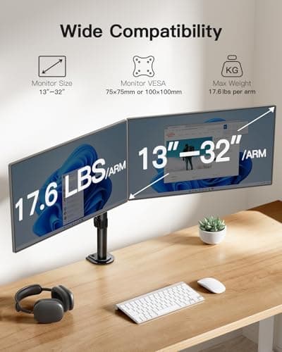 HUANUO Dual Monitor Mount for 2 Monitors up to 32 inches, Heavy Duty Dual Monitor Stand Holds up to17.6lbs, Dual Monitor Arm with Height Adjustable Tilt Swive Rotate, VESA Hole 75mm or 100mm