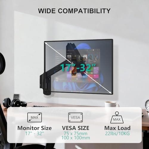 WALI Computer Monitor Wall Mount for 17 to 32 Inch Screens, Single Monitors Mount Holds up to 22lbs, Fully Adjustable Wall Mount Monitor Arm, 75x75/100x100mm VESA Mount (GSWM001), Black