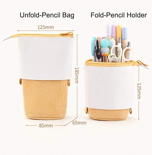 Friinder Telescopic Pencil Bag Pen Holder Stationery Case, PU Corduroy Stand-up Retractable Transformer Bag Colorful Organizer, Great for Christmas Holiday