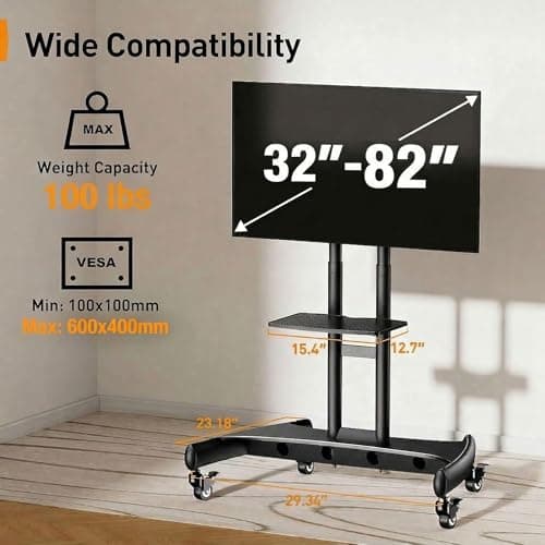 Perlegear Mobile TV Cart for 32-82 Inch Flat/Curved LED/LCD/OLED TVs Rolling TV Stand with Height Adjustable Shelf Max VESA 600x400mm up to 100lbs- Outdoor TV Stand Trolley with Wheels PGTVMC05-1