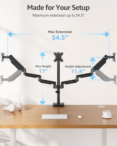 MOUNTUP Triple Monitor Stand Mount - 3 Monitors Desk Mount for Computer Screens Up to 27 inch, Triple Monitor Arm, Heavy Duty Monitors Stand, Each Arm Holds 4.4-19.8 lbs, Black