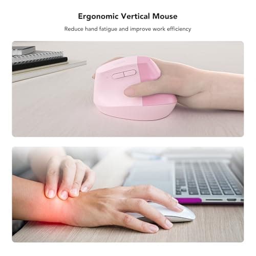 KYSONA EM18 Wireless Ergonomic Vertical Mouse, Ergo Design, Bluetooth Cordless Mouse for Medium/Large Hands, Silent Click, 5-Level Adjustable DPI, Carpal Tunnel Mice for Computer/PC/Mac/Laptop, Pink