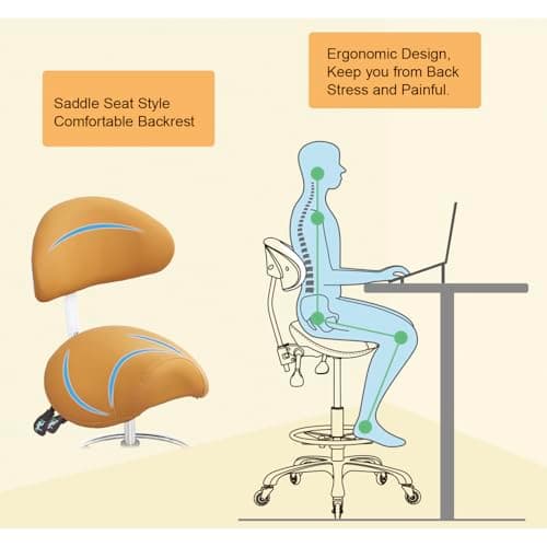 Nazalus Saddle Stool Chair with Back Support Footrest, Heavy-Duty(350LBS), Hydraulic Rolling Swivel Adjustable Stool Chair for Salon Spa Beauty Massage Dental Clinic Home Office Use(Camel)