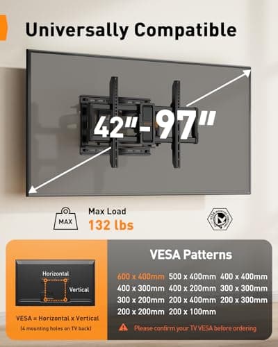 Perlegear UL-Listed Full Motion TV Wall Mount for 42–97 Inch Flat Curved TVs up to 132 lbs, 12″/16″ Wood Studs, TV Mount Bracket with Tool-Free Tilt, Swivel, Extension, Max VESA 600 x 400mm, PGLF15