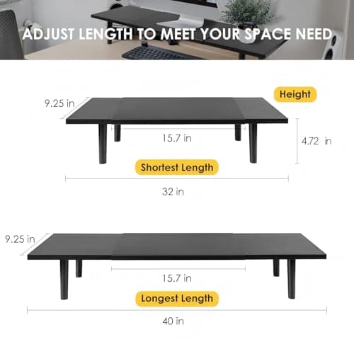 Across-Star Dual-Monitor-Stand-Riser-For-Desk Adjustable Length 32-40 Inch，Large Desktop Computer Monitor Riser For 2 Screens，Desk Shelf Organizer Riser Stand For Computer/Laptop/PC/Printer/TV Black