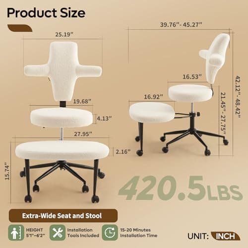 Pinmoco Ergonomic Cross Legged Office Chair Extra Wide for ADHD and Meditation, Kneeling Chair with 360° Swivel Wheels and Reversible Seating, Adjustable Height and Seat Deapth, Teddy Fabric, White
