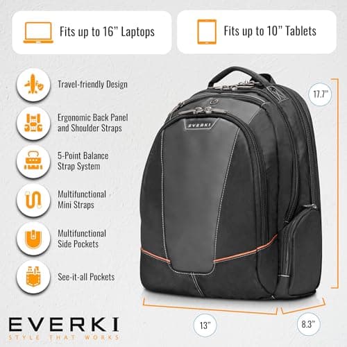 EVERKI Flight Business - Spacious Business Backpack for 16-inch Laptops, Large Compartments, Travel Laptop Backpack, Extra Large Bookbags for Men, Capacity of 28.5-L (EKP119), Black