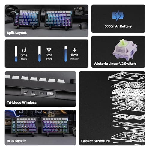EPOMAKER Split70 Wireless Ergonomic Keyboard with QMK/VIA and Knob, Mechanical Gaming Keyboard with RGB, Hot-Swap, Creamy Linear Switch, PBT Keycap, Gasket, Mac Modifier, 70% Split Layout (Black)