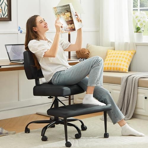 Ergonomic Criss Cross Legged Office Chair, ADHD Chair, 360° Swivel Meditation Kneeling Chair with Wheels, Adjustable Footrest, Bigger & Wider Height Adjustable Seat, Strong Lumbar Support, Black PU