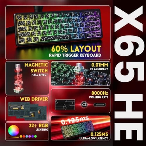 ATTACK SHARK X65 HE 60% Wired Magnetic Keyboard with Adjustable Actuation,8000 Hz Polling Rate,Hall Effect Switches,Hot-Swap,Topographic PBT Keycaps,RGB Backlit for FPS Games,with 8K Coiled Cable