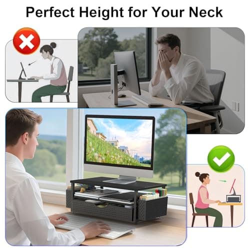 Spacrea Desk Organizer and Accessories, Computer Monitor Stand Riser with Drawer and 2 Pen Holders, Office Desk Accessories & Workspace Organizers for Office Supplies (Black)