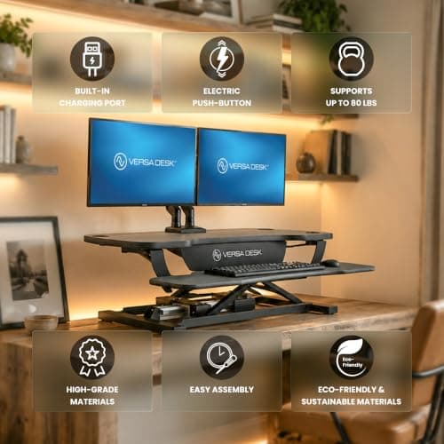 VERSADESK PowerPro™ 36 Inch Electric Standing Desk Converter, Height Adjustable Sit to Stand Up Desk Riser, Laptop and Dual Monitor Desktop Workstation with Wide Keyboard Tray and USB Port, Black