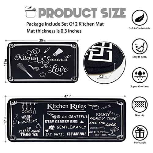 Voanos Black and White Kitchen Rugs,Non Skid Washable Microfiber mats for Kitchen Floor,Kitchen Rules Theme Cushioned Runner Rug Decor Sets of 2,Size 17"x 47"+17"x 30"