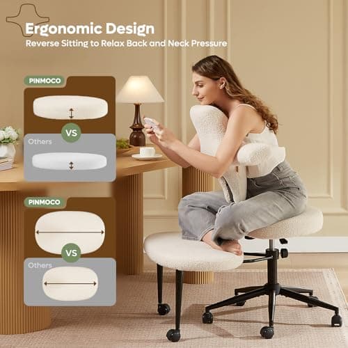Pinmoco Ergonomic Cross Legged Office Chair Extra Wide for ADHD and Meditation, Kneeling Chair with 360° Swivel Wheels and Reversible Seating, Adjustable Height and Seat Deapth, Teddy Fabric, White