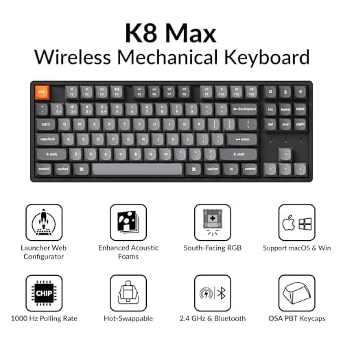 Keychron K8 Max TKL Wireless Mechanical Keyboard, QMK 2.4 GHz/Bluetooth 5.1/Wired with Aluminum Frame, RGB Backlit Hot-Swappable Programmable Keychron Super Brown Switch for Mac Windows Linux